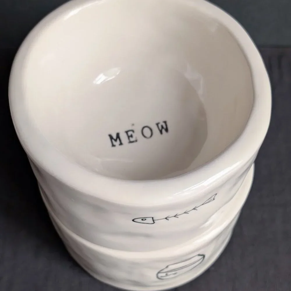 2 Rae Dunn Magenta Boutique Cat Bowls Gold Fish SLURP MEOW Pet Water Food Bowls